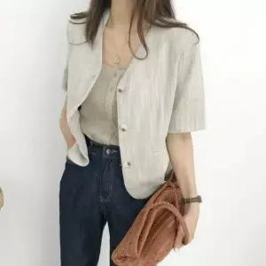 클래식한 여성 여름 슬림핏 린넨 노카라 반팔 자켓_20339815_667501
