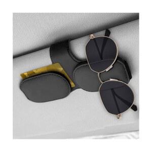 자동차 선바이저용 DXNQ 선글라스 홀더, 바이저용 가죽 마그네틱 안경 홀더 마운트 클립, 범용 걸이 및 차량 티켓 카드 액세서리(블랙+더블 클립)