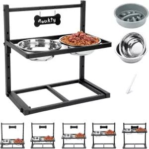 슬로우 피더 개 볼이 있는 ADENGL 고가 볼 높이 조절 가능한 5개의 스탠드 스테인리스 스틸 식품 및 물