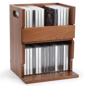 AceOrbit 1세트 나무 CD 보관함 홀더 랙 카세트 테이프 디스플레이 스탠드, 휴대용 손잡이, 42개의 케이스, 영화 케이스용 아카시아 선반, DVD 정리함(내추럴)