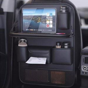 접이식 테이블 트레이가 있는 투메코스 자동차 뒷좌석 보관 가방, 대용량 시트 등받이 정리함, 터치스크린 휴대폰 홀더가 킥 매트, 다기능 보호 커버 패드(스타일 B)