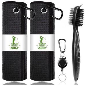 매력적인 골프 타월, 극세사 와플 패턴 타월 - 청소 기능이 있는 클럽 브러시(블랙 타월+블랙 브러시 2개)