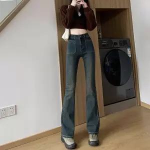 EAMT 여자 와이드 청바지 시멘트 그레이 부츠컷 데님팬츠 가을 하이웨스트 빈티지 플레어 슬랙스 EUNG3