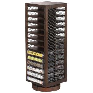 팜 인 카세트 테이프 스토리지, 360도 회전 가능한 디자인 농가 스타일 랙 타워, 양면 28 슬롯, 소박한 솔리드 번트 우드 및 다이아몬드 금속 와이어 메시