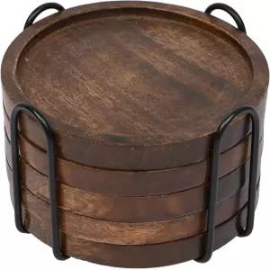 철제 홀더가 있는 음료용 삼히타 망고 우드 코스터 5종 세트 모든 테이블 유형에 맞는 상판 보호