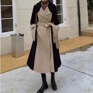 베이지 여성 블랙 배색 롱 모직 코트 유니크 모던_20340555_667501