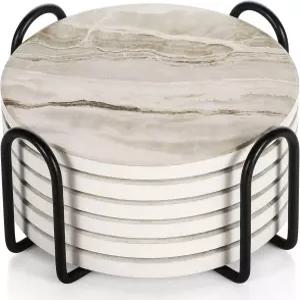 버 코스터 6종 세트 홀더가 있는 음료용 흡수석 테이블 상판 보호용 블랙 마블 스타일 세라믹 음료 가정용