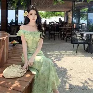 원피스 여친 초록 롱 플라워 해변 바캉스 소매 소프트 A라인 비치 CH1