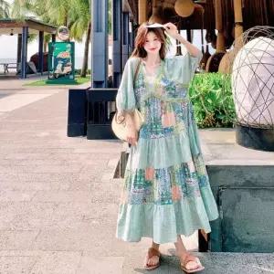 원피스 여성용 소매 브이넥 바캉스룩 플라워 벌룬 롱스커트 로맨틱 CH1