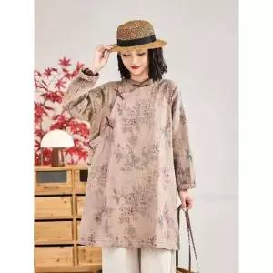 원피스 여친 하프 가을 플라워 사선 단추 프린트 차이나 이중 린넨 CH3
