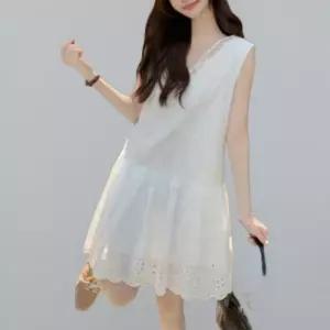 [신상오픈런]여성 화이트 민소매 미니 원피스 펀칭 레이스 자수 드레스 (37006382)