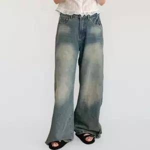 [신상오픈런]여성 빈티지 워싱 맥시 와이드 투웨이 버튼 비죠 청바지 (35835604)