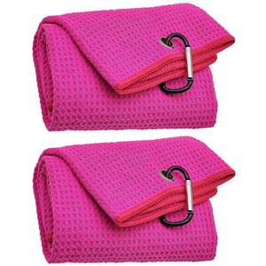 글램리스 2팩 3겹 골프 타월 세트, 극세사 원단 와플 패턴 타월, 야외 스포츠 헤비 듀티 카라비너 클립(핑크 x 2)