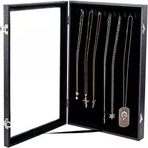 캔우드 수직 목걸이 홀더 정리함 보관함 유리 뚜껑이 있는 보석 트레이(블랙 벨벳)