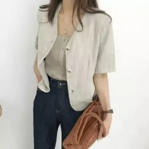 자켓 브이넥 노카라 린넨자켓 반팔자켓 크롭자켓_20339704_667501