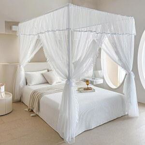 AIKASY 코너 소녀와 프린세스 있는 러플 침대 우아한 레이어 위한 개구부가 커튼 모기장 포스트 이중 4개의 네팅 전체 아늑한 캐노피 드레이프 흰색 성인을