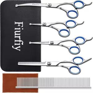Fiurfiy 6-in-1 개 그루밍 가위 - 안전한 둥근 팁이 있는 전문 스테인리스 스틸 헤어 커팅 키트 작고 큰