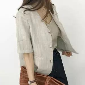 린넨반팔자켓 크롭 브이넥 노카라 여름 여성 재킷_20338748_667501