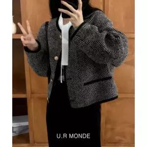 아리엘스타일 봄 가을 여성 자켓 트위드 가운드넥 금속 버튼 체크1211297