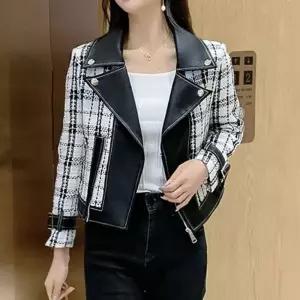 여성 가을 간절기 레더 배색 체크 호피 라이더 자켓_20340017_667501