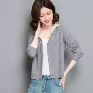 여친 니트 봄가을 긴팔 카디건 스웨터 후드 아우터 배색 숏 KS1