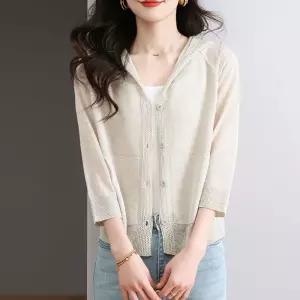여자 니트 하계 캐주얼 카디건 가디건 후드 쿨링 상의 겉감 얇은 7부 KS1