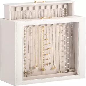 롤라렛 목걸이 정리함 목걸이용 투명 뚜껑이 있는 2겹 보석 보관함 여성용 엉킴 없는 진열 케이스 -화이트