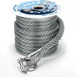 앵커 라인 3/8인치 50피트. 회색 이중 브레이드 나일론 MFP 보트 로프 스테인리스 스틸 골무 및 섀클 피팅