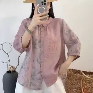 여성 프린트 셔츠 카디건 봄 쇼트 모시 패치 빈티지 자수 캐주얼 상의 G02Z1B 원템1