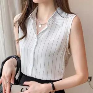 여름 민소매 셔츠 카라넥 세로 스트라이프 시스루 qxn3+2AhU