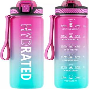 빨대가 달린 QLUR 물병 마실 시간 마커가 있는 32온스 동기 부여 트리탄 BPA 프리 캐리 스트랩 누수 방지