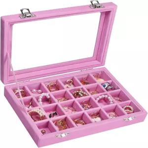 비코터 벨벳 주얼리 박스 24 그리드 링 디스플레이 정리함 상자 트레이 홀더 귀걸이 보관 케이스 여아 아내