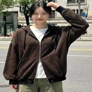 투웨이 오버핏 스트라이프 후드집업 (2color)