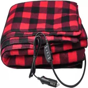 TOHMR 전기 담요 - 겨울 추운 날씨에 자동차 여행 및 캠핑을 위한 12V 전기차 난방 플리스 (블랙/레드)