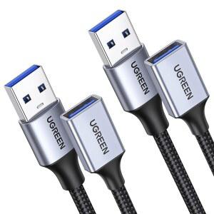 UGREEN 2팩 USB 연장 케이블(3FT+ 3FT), 웹캠, 카메라, 휴대폰, 허브, 마우스, 키보드, 프린터, 하드 드라이브, 헤드셋과 호환되는 나일론 브레이드 익스텐더