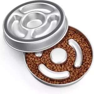 AIPERRO 슬로우 피더 개 볼 스테인리스 스틸 금속 논슬립 사료 2컵 중소형 개를 위한 물 빠르게 먹는