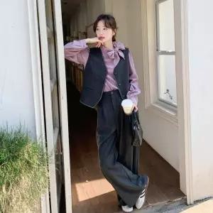 여성 바람 브이넥 조끼 셔츠 와이드 바지 쓰리피스 봄가을 오피스룩 슬림핏 세트 B10Z1M 모씨모씨1