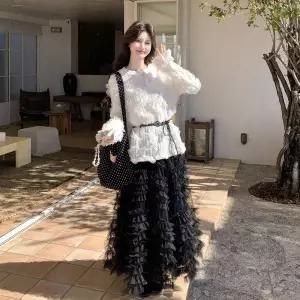 여성 라운드 니트 망사스커트 세트 봄가을 분위기 투피스 B10Z1J 모씨모씨1