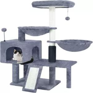 고양이 콘도와 해먹이 있는 익비이어 나무 셀프 그루밍 브러시가 타워 장난감 공 긁는 기둥 및 패드 실내