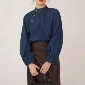 여친 청 빈티지 봄 가을 무지데님 셔츠 프렌치 차이나 긴팔 퍼프 상의 CH1