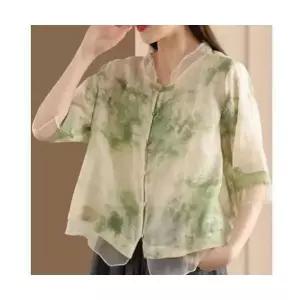 여성용 무지데님 셔츠 CH5 앤티크 여자 버튼 나염 반 칼라 여성 패치 모시 자수 상의 패션