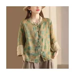 여성용 무지데님 셔츠 프린트 여성 칼라 여자 CH5 버튼 업 모시 칠부 중국식