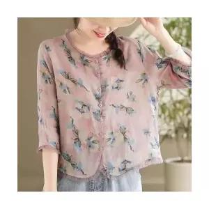 여성용 무지데님 셔츠 여성 앤티크 소매 여자 린넨 CH5 프린트 7부 상의 밑단 모시 라운드넥 블라우스 칠부