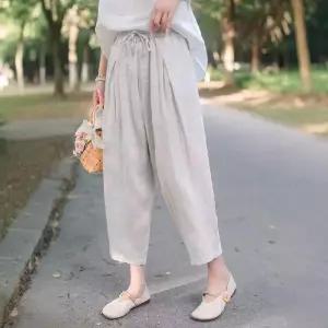 EAMT 여사친 바지 빈티지 여름 마 손주름 와이드 무 배기팬츠 밴딩 모시 EUNG1