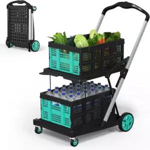 접이식 쇼핑 카트 2개의 수납 상자가 있는 350파운드 용량의 2단 멀티유즈 슈퍼마켓 사무실 및 야외용 헤비