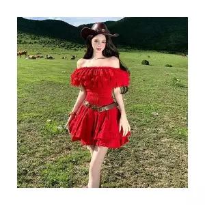 여성용 쉬폰 원피스 프렌치 바캉스룩 일자 어깨 레드 슬림핏 스커트 KS1