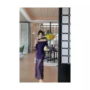 여성용 쉬폰 원피스 트임 일자 어깨 긴팔 롱 스커트 KS1