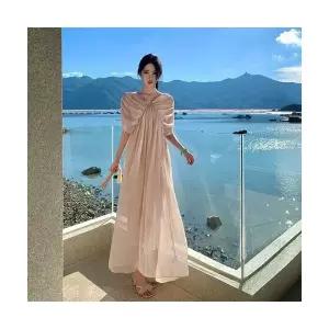 여성용 쉬폰 원피스 프렌치 비치 바캉스 브이넥 슬림 롱스커트 가을 KS3