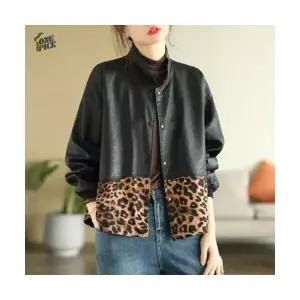 여사친 블랙 복고풍 PU가죽 상의 루즈핏 재킷 카고 패치 코트 OP1