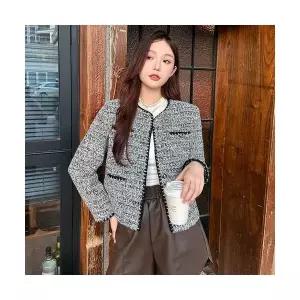 여자 회색 프렌치 라운드 톱 코트 트위드 쇼트 OP1